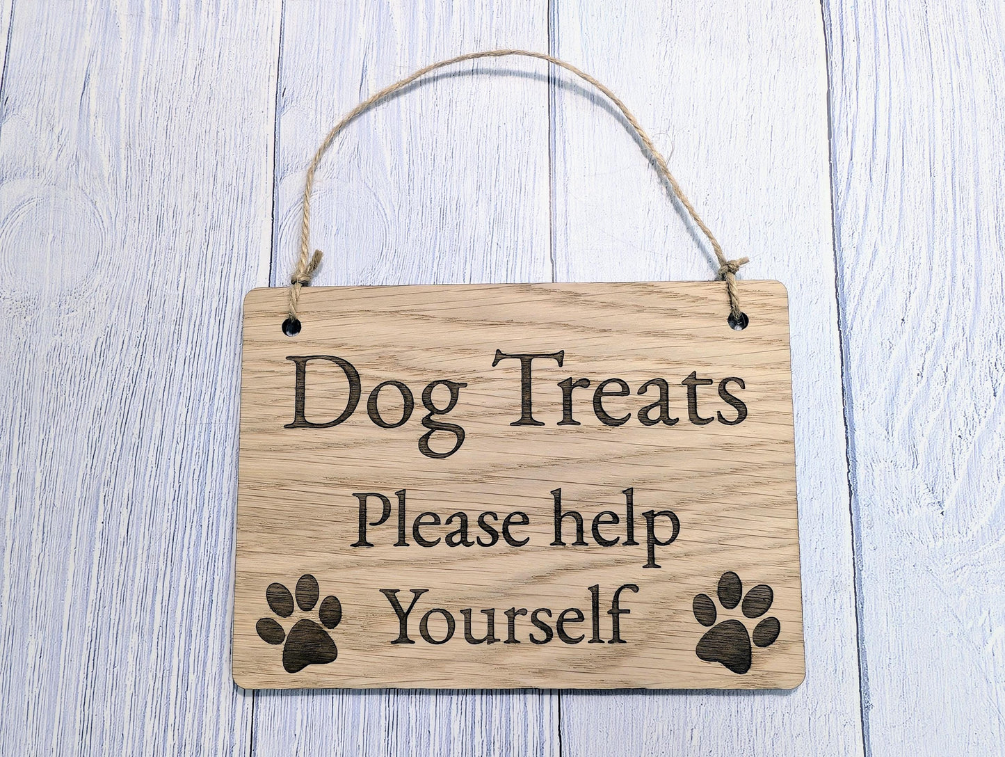 Dog Treats Please Help Yourself Sign – Solid Oak Plaque with Paw Prints – Rustic Wooden Dog Treat Station Sign – Handmade in Wales