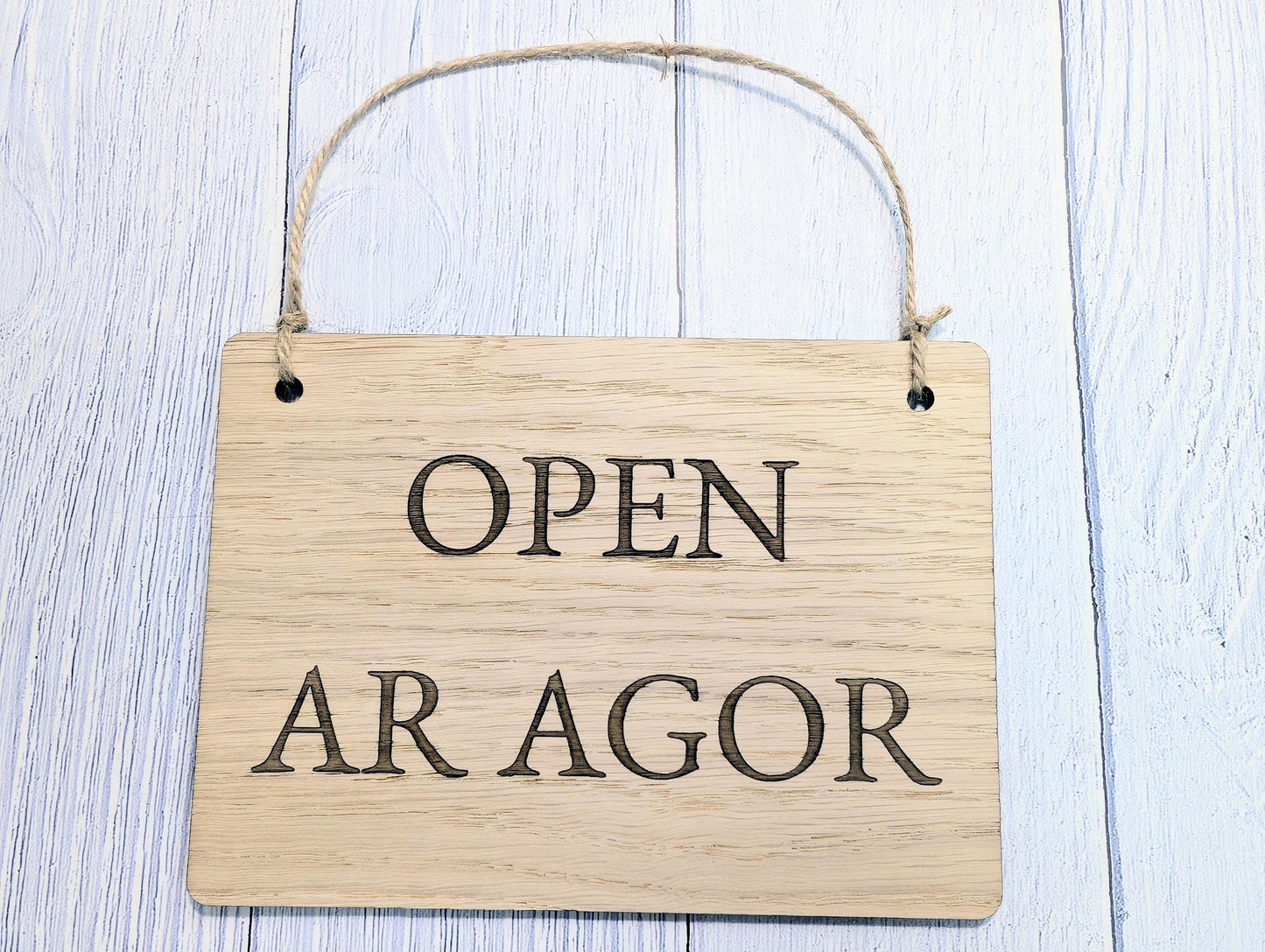 Welsh Bilingual Open Closed Sign – Ar Agor / Ar Gau – Solid Oak Double-Sided Door Sign – Handmade Wooden Shop Plaque from Wales