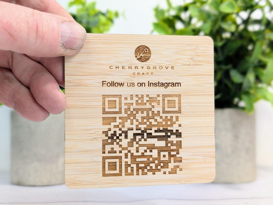 Personalised Bamboo QR Code Coaster | Instagram Follow Us Display with Logo | Eco Friendly Business Promo | Custom Social Media