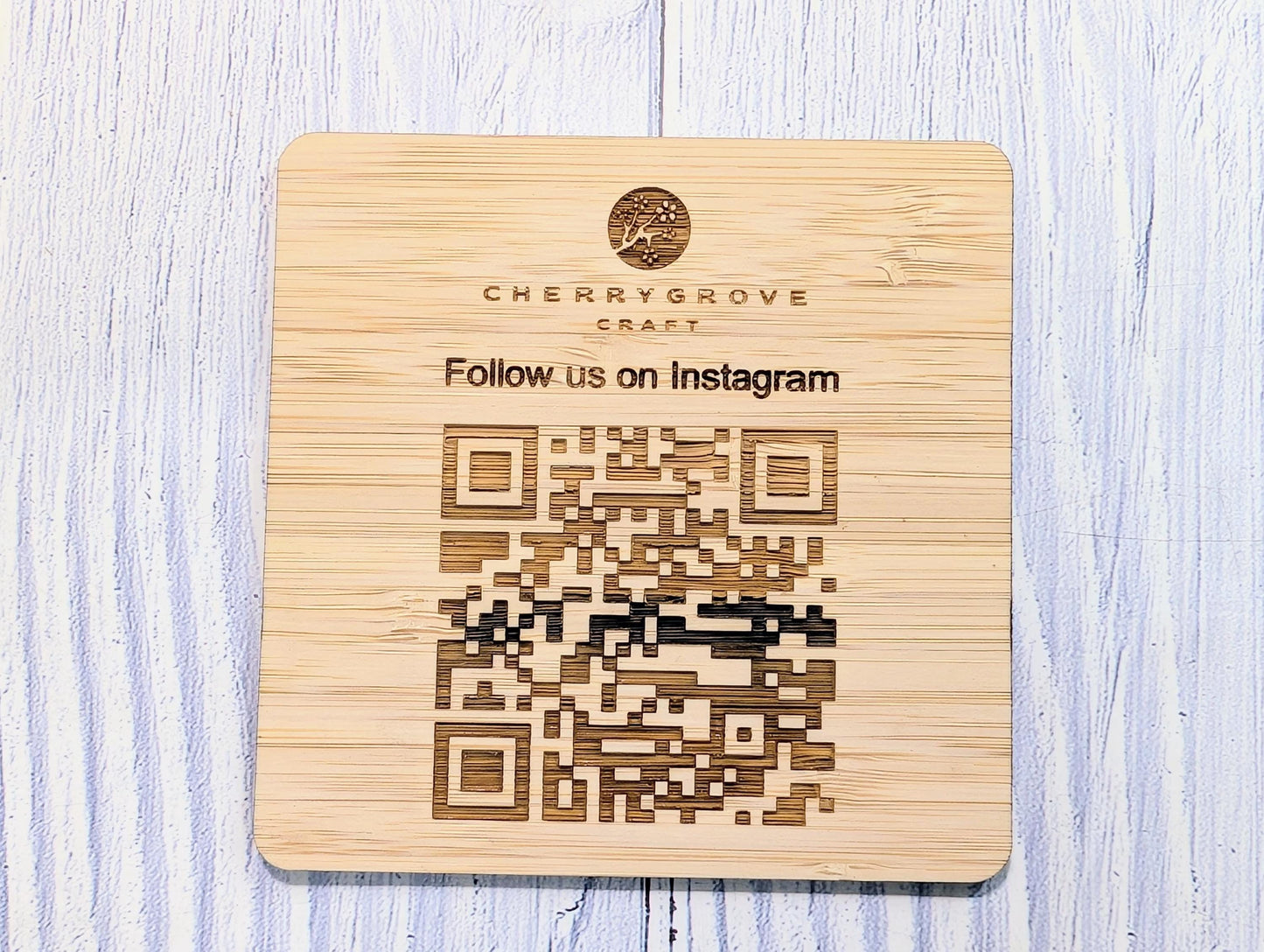 Personalised Bamboo QR Code Coaster | Instagram Follow Us Display with Logo | Eco Friendly Business Promo | Custom Social Media