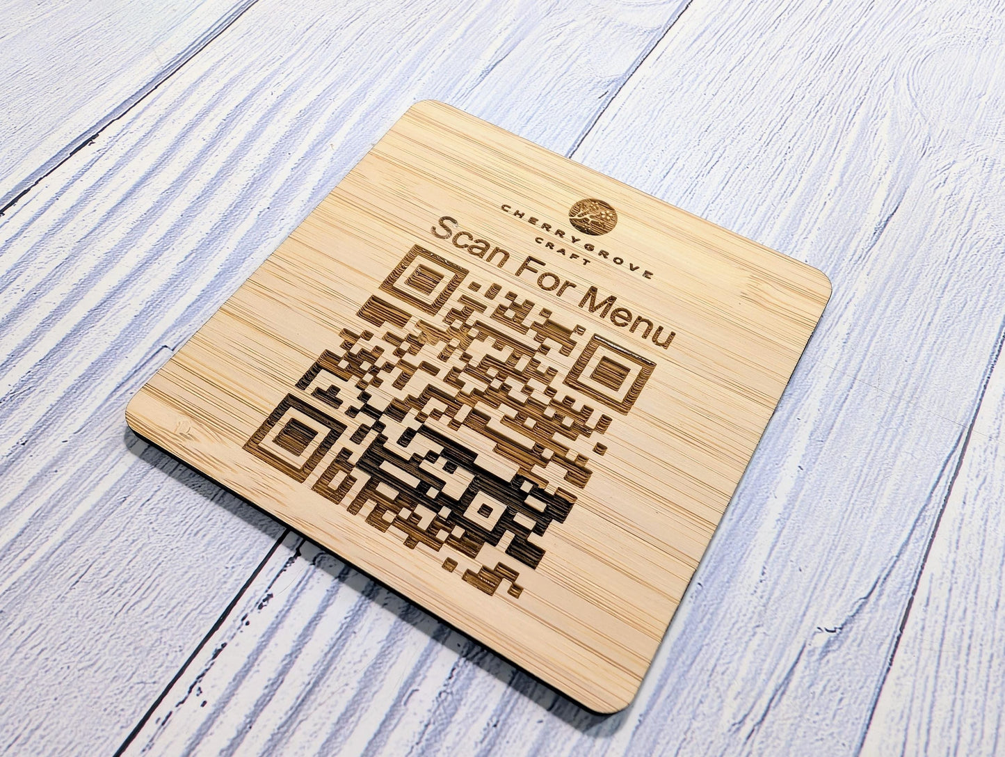 Personalised Bamboo QR Code Coaster | Scan For Menu QR Code with Logo | Eco Friendly Cafe, Restaurant, Pub Promo | Custom Social Media