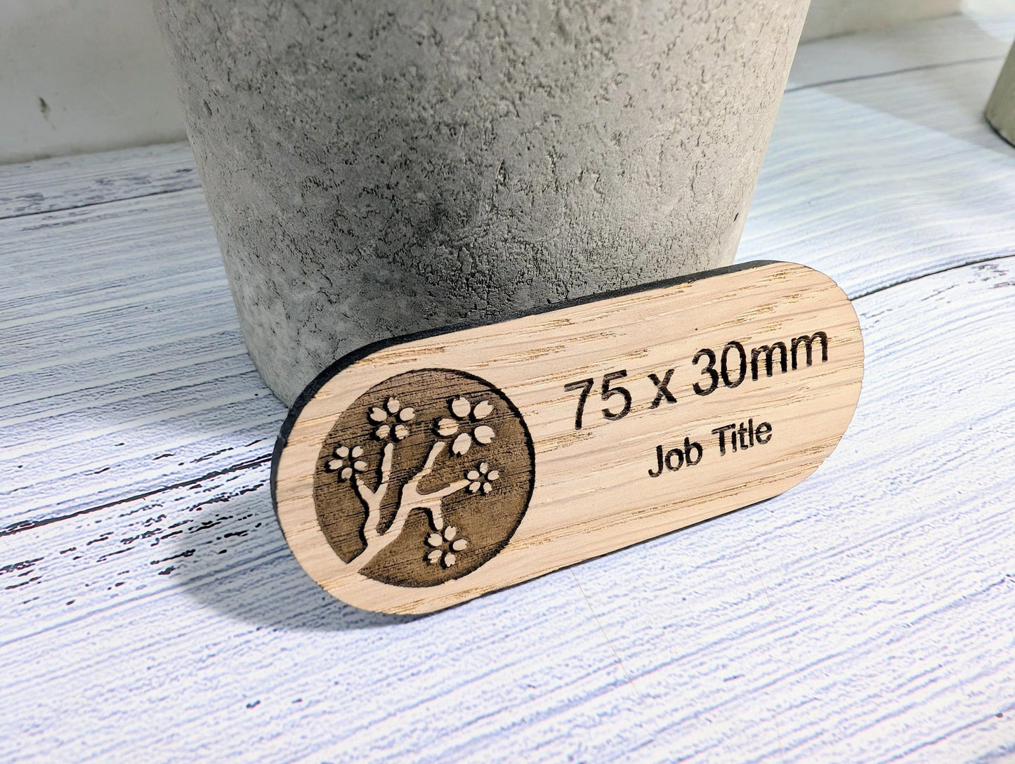Personalised Wooden Name Badge 75x30mm – Lozenge Shape Oak Veneer with Magnet or Pin – Eco-Friendly Custom Work ID Tag