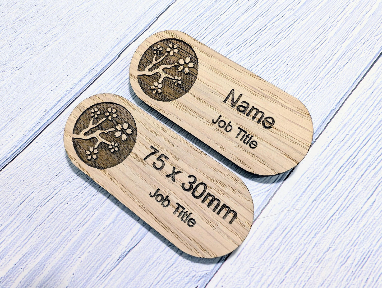 Personalised Wooden Name Badge 75x30mm – Lozenge Shape Oak Veneer with Magnet or Pin – Eco-Friendly Custom Work ID Tag