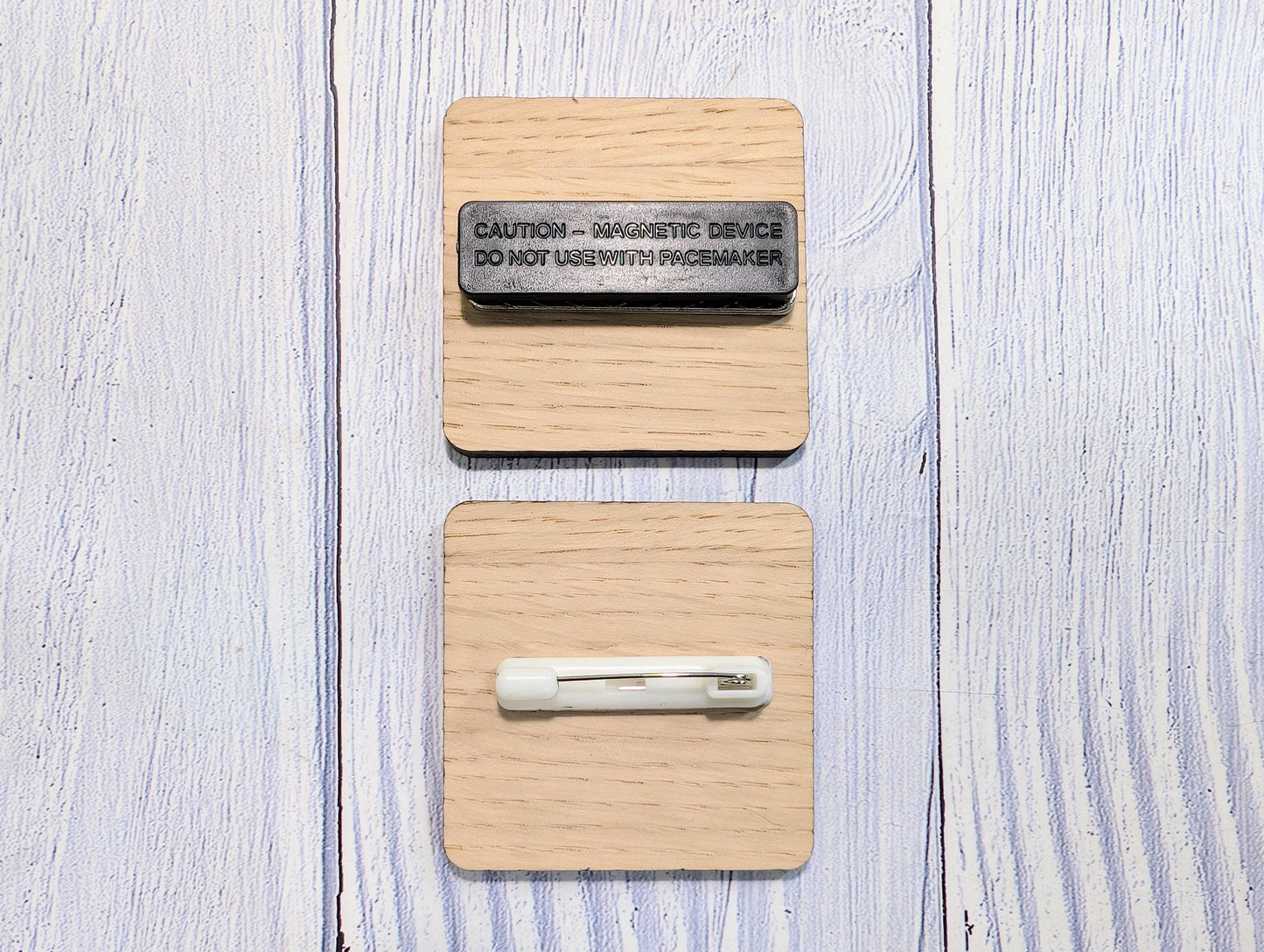 Personalised Wooden Name Badge 50mm x 50mm – Square Shape Oak Veneer with Pin/Clip, Magnet or Pin Only – Eco-Friendly Custom Work ID Tag