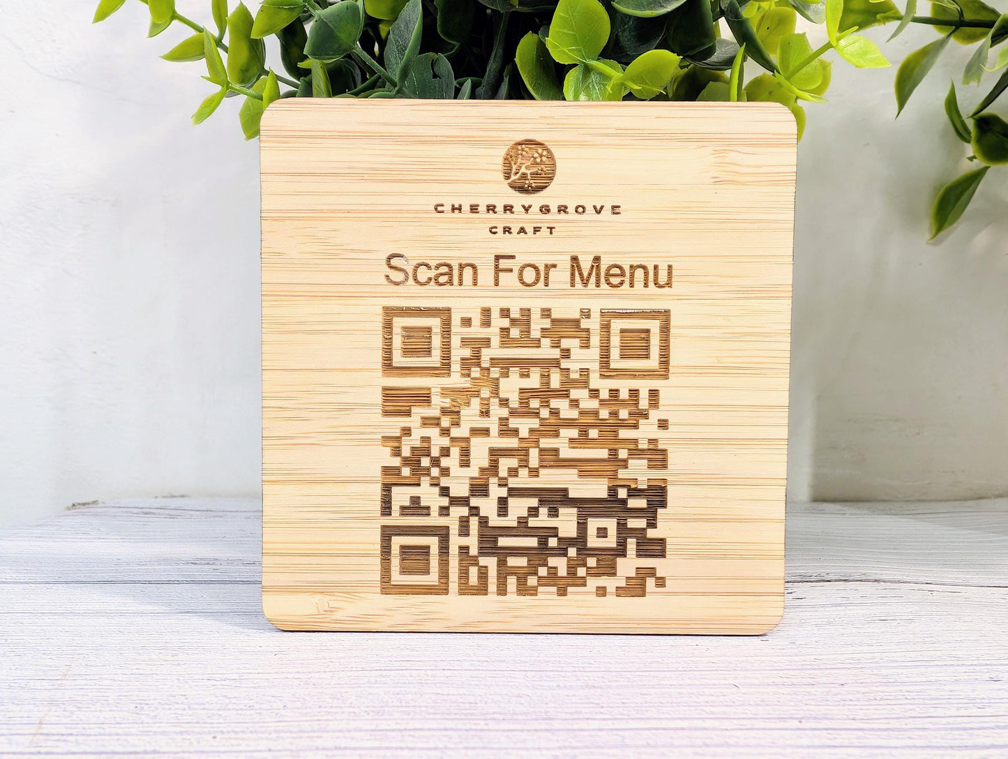 Personalised Bamboo QR Code Coaster | Scan For Menu QR Code with Logo | Eco Friendly Cafe, Restaurant, Pub Promo | Custom Social Media