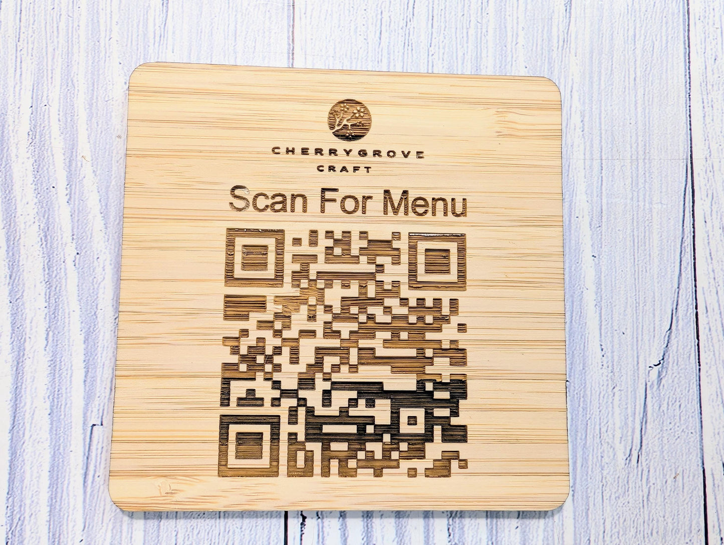 Personalised Bamboo QR Code Coaster | Scan For Menu QR Code with Logo | Eco Friendly Cafe, Restaurant, Pub Promo | Custom Social Media