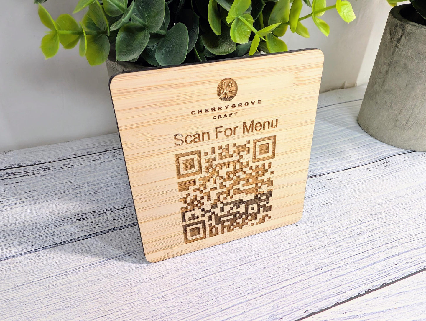 Personalised Bamboo QR Code Coaster | Scan For Menu QR Code with Logo | Eco Friendly Cafe, Restaurant, Pub Promo | Custom Social Media