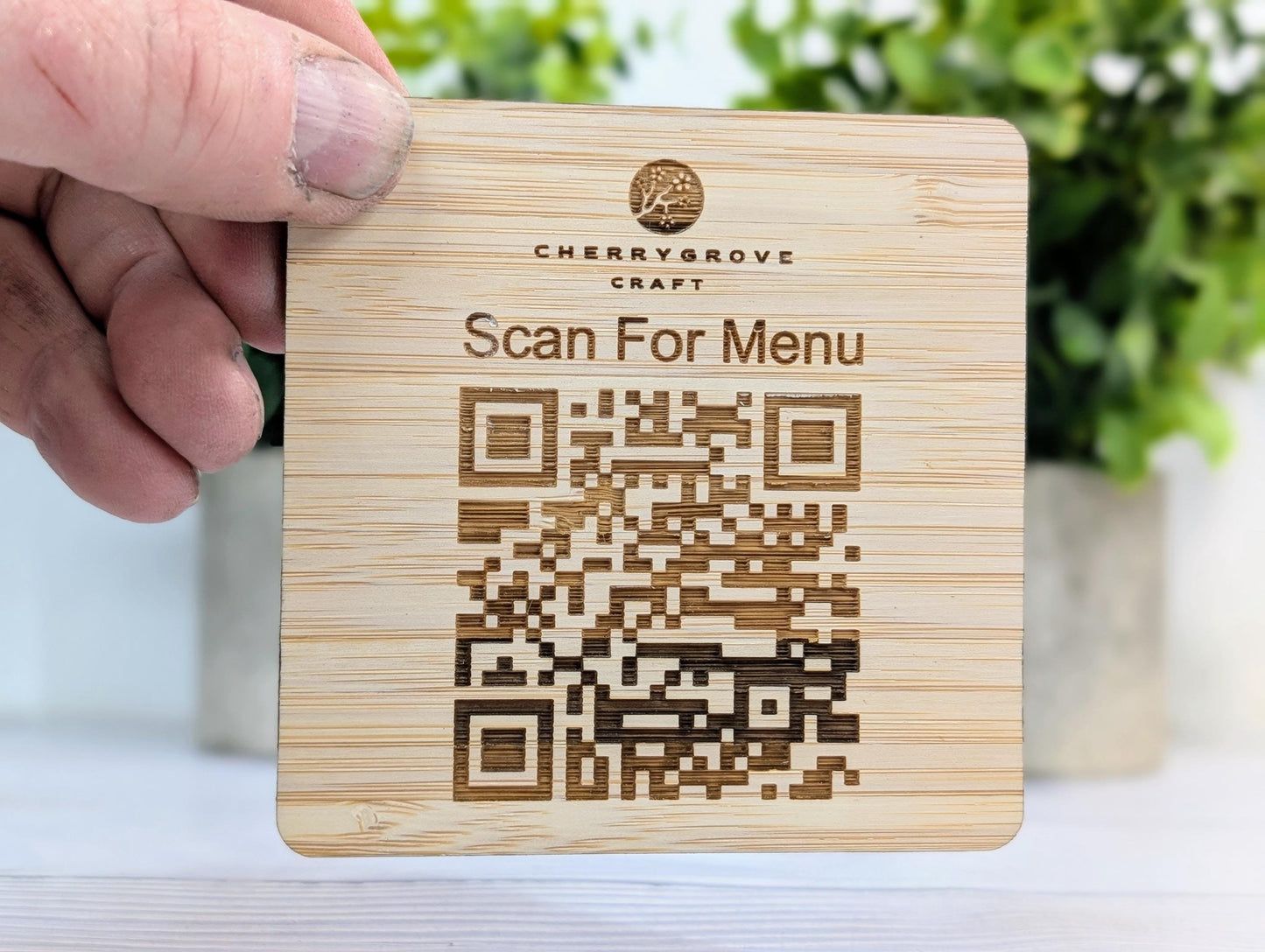 Personalised Bamboo QR Code Coaster | Scan For Menu QR Code with Logo | Eco Friendly Cafe, Restaurant, Pub Promo | Custom Social Media