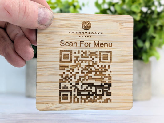 Personalised Bamboo QR Code Coaster | Scan For Menu QR Code with Logo | Eco Friendly Cafe, Restaurant, Pub Promo | Custom Social Media