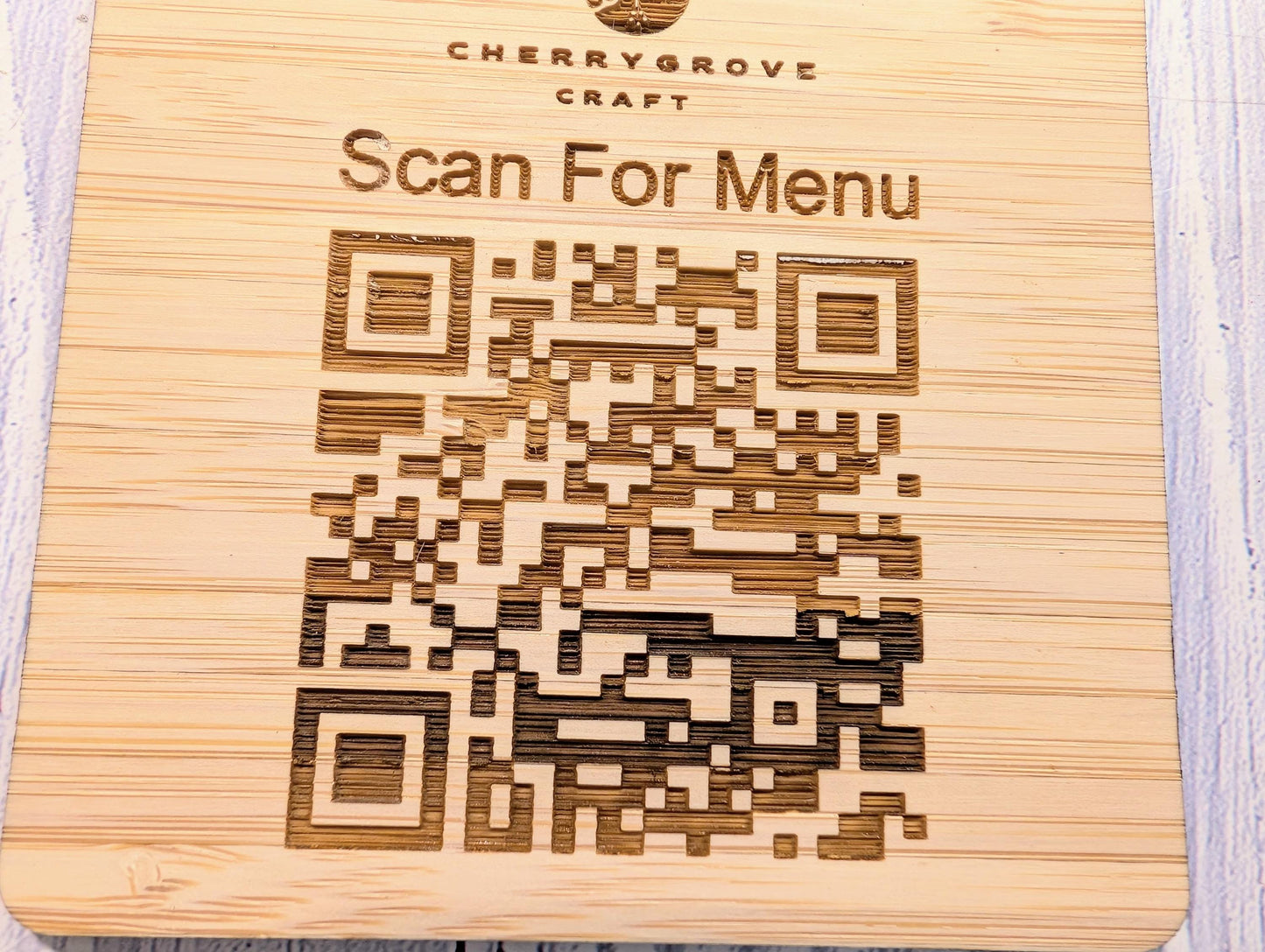 Personalised Bamboo QR Code Coaster | Scan For Menu QR Code with Logo | Eco Friendly Cafe, Restaurant, Pub Promo | Custom Social Media