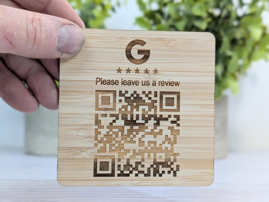 Personalised Bamboo QR Code Coaster | Google Reviews QR Code with Logo | Eco Friendly Shop, Cafe, Restaurant, Pub Promotional Drink Mats