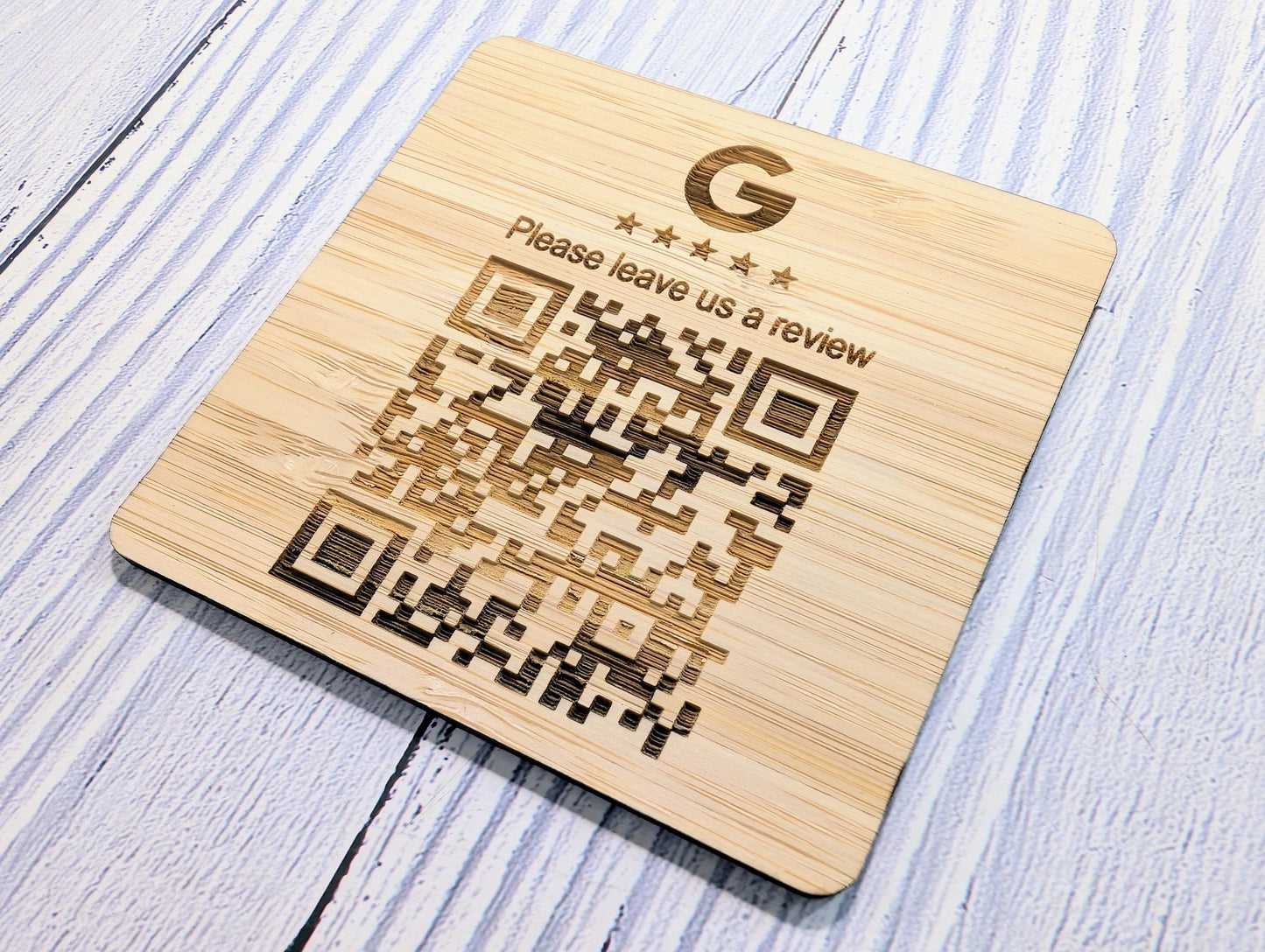 Personalised Bamboo QR Code Coaster | Google Reviews QR Code with Logo | Eco Friendly Shop, Cafe, Restaurant, Pub Promotional Drink Mats