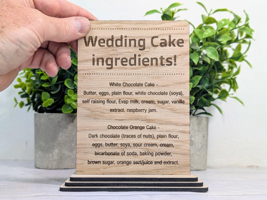 Wedding Cake Food Allergy Sign – Custom Engraved Personalised Wooden Safety Notice, Catering, Baking, Intolerance & Coeliac Info for Events