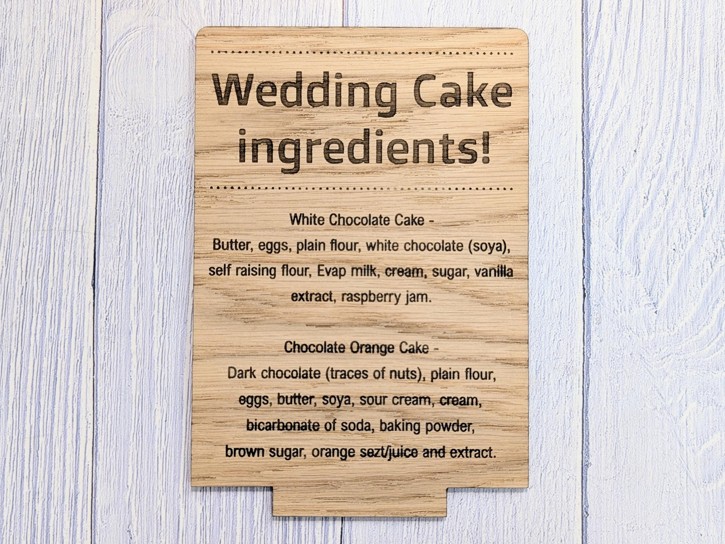 Wedding Cake Food Allergy Sign – Custom Engraved Personalised Wooden Safety Notice, Catering, Baking, Intolerance & Coeliac Info for Events