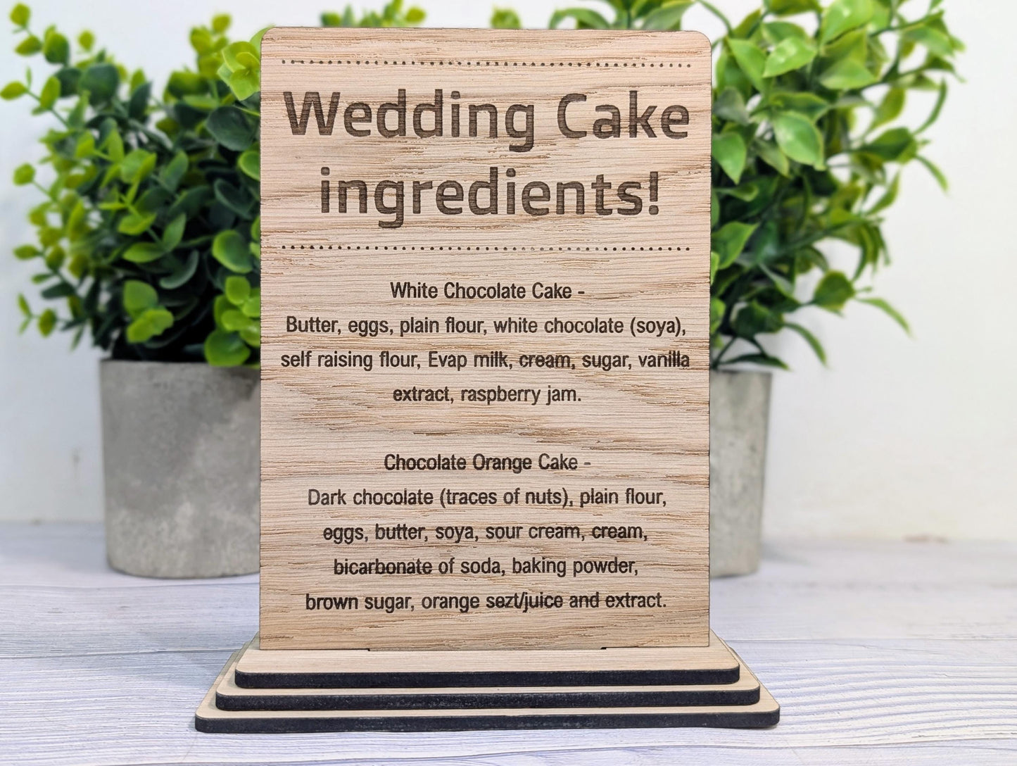 Wedding Cake Food Allergy Sign – Custom Engraved Personalised Wooden Safety Notice, Catering, Baking, Intolerance & Coeliac Info for Events