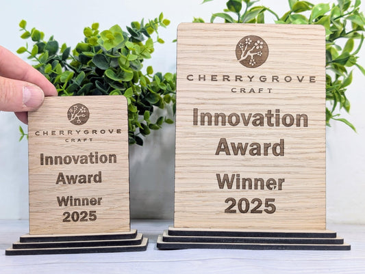 Freestanding Wooden Innovation Award Trophy – Custom Text and Logo – Oak Finish, Flat Pack – Business Awards, Eco Friendly Display, 2 Sizes