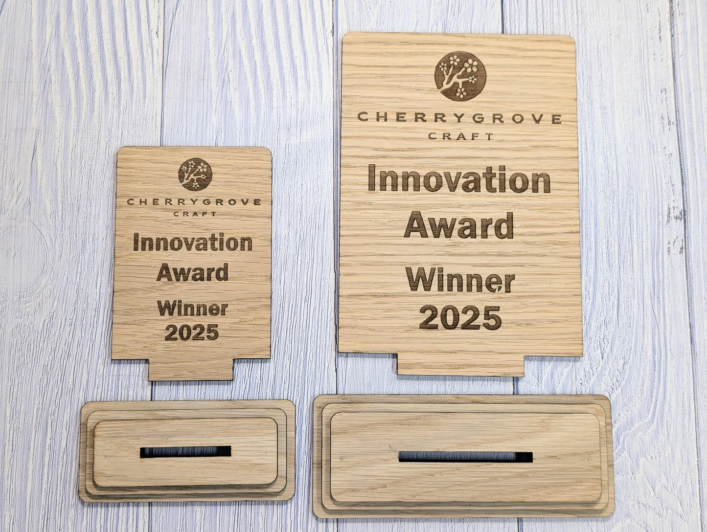 Freestanding Wooden Innovation Award Trophy – Custom Text and Logo – Oak Finish, Flat Pack – Business Awards, Eco Friendly Display, 2 Sizes