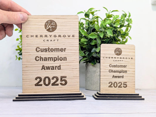 Freestanding Wooden Customer Champion Award – Custom Text and Logo – Oak Finish, Flat Pack Trophy – Eco Friendly Display, 2 Sizes