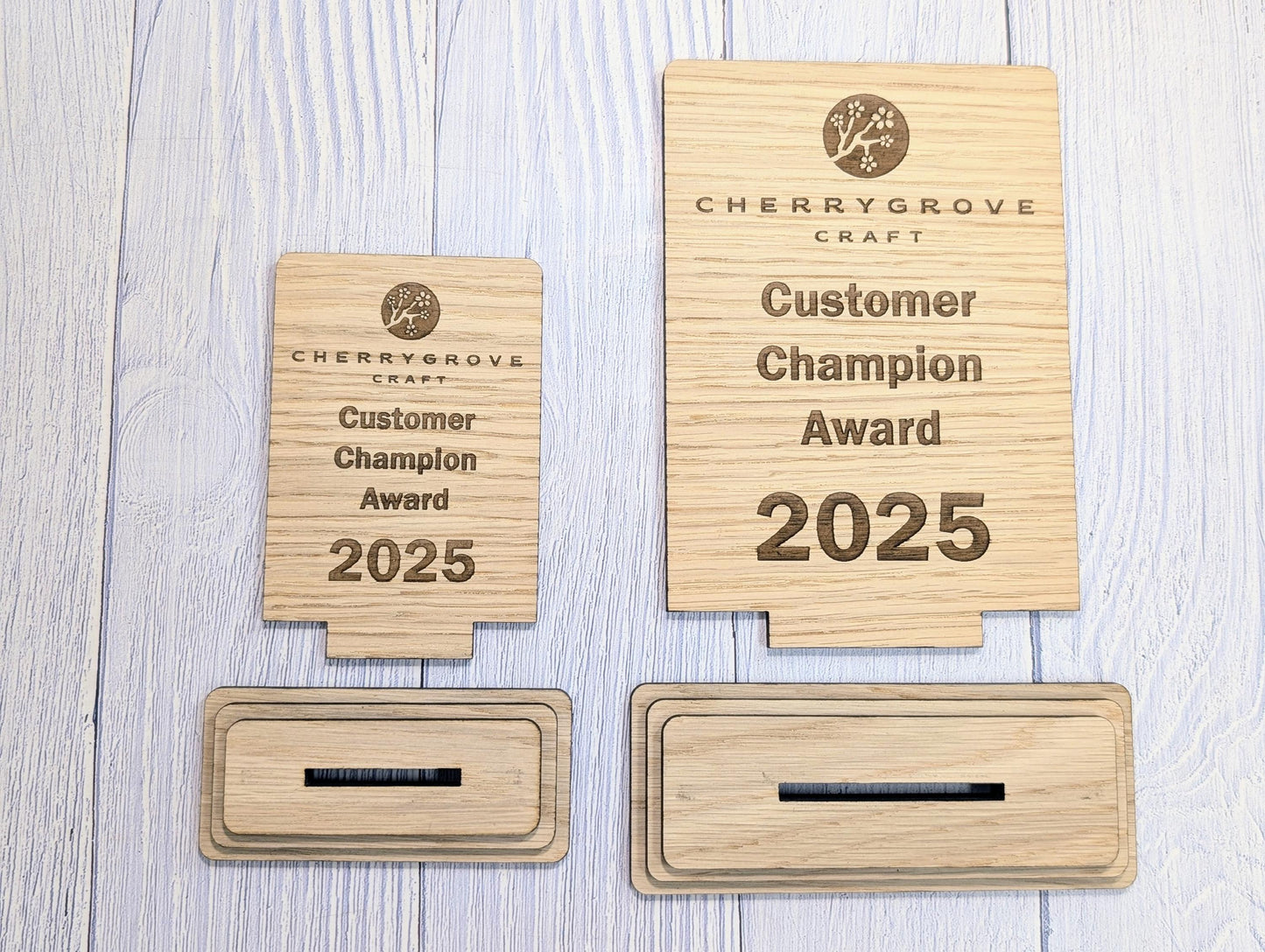 Freestanding Wooden Customer Champion Award – Custom Text and Logo – Oak Finish, Flat Pack Trophy – Eco Friendly Display, 2 Sizes