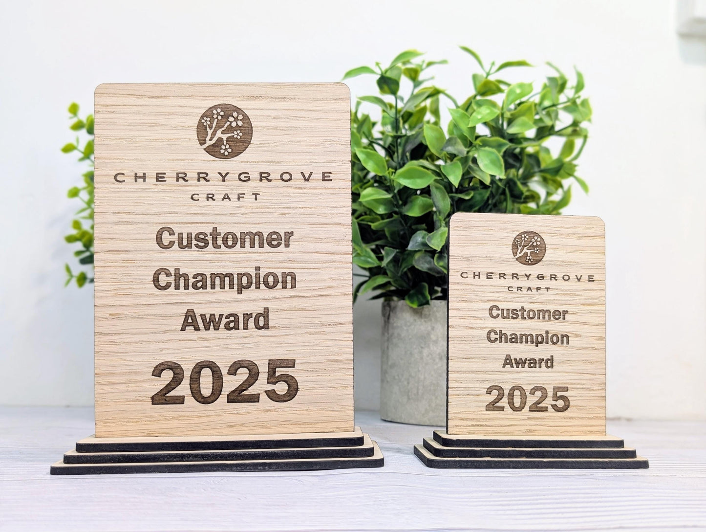 Freestanding Wooden Customer Champion Award – Custom Text and Logo – Oak Finish, Flat Pack Trophy – Eco Friendly Display, 2 Sizes