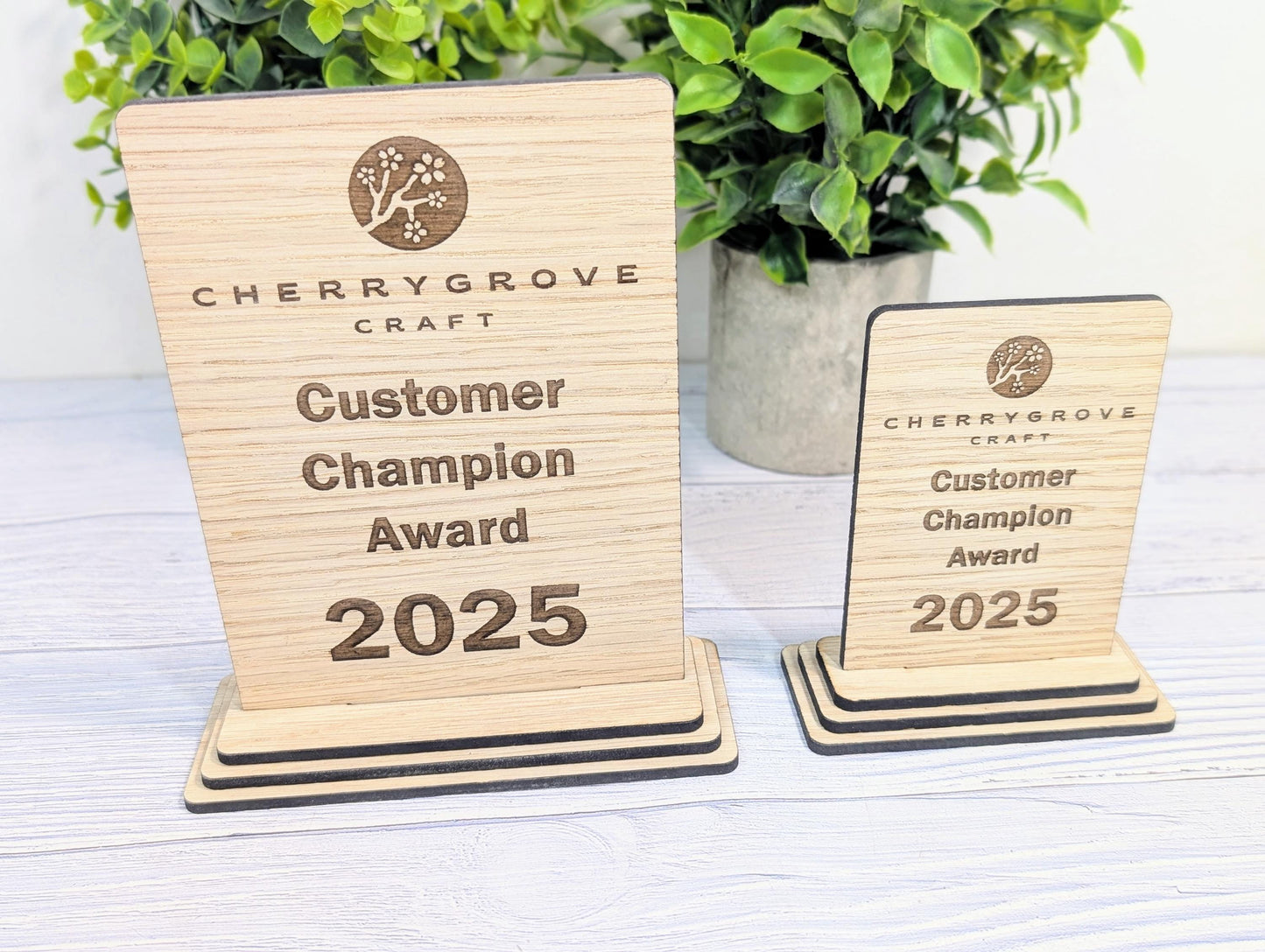 Freestanding Wooden Customer Champion Award – Custom Text and Logo – Oak Finish, Flat Pack Trophy – Eco Friendly Display, 2 Sizes