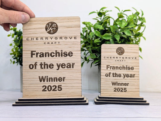 Freestanding Wooden Business Award Trophy – Custom Text & Logo – Franchise of the Year Example – Eco Friendly, Flat Pack, 2 Sizes