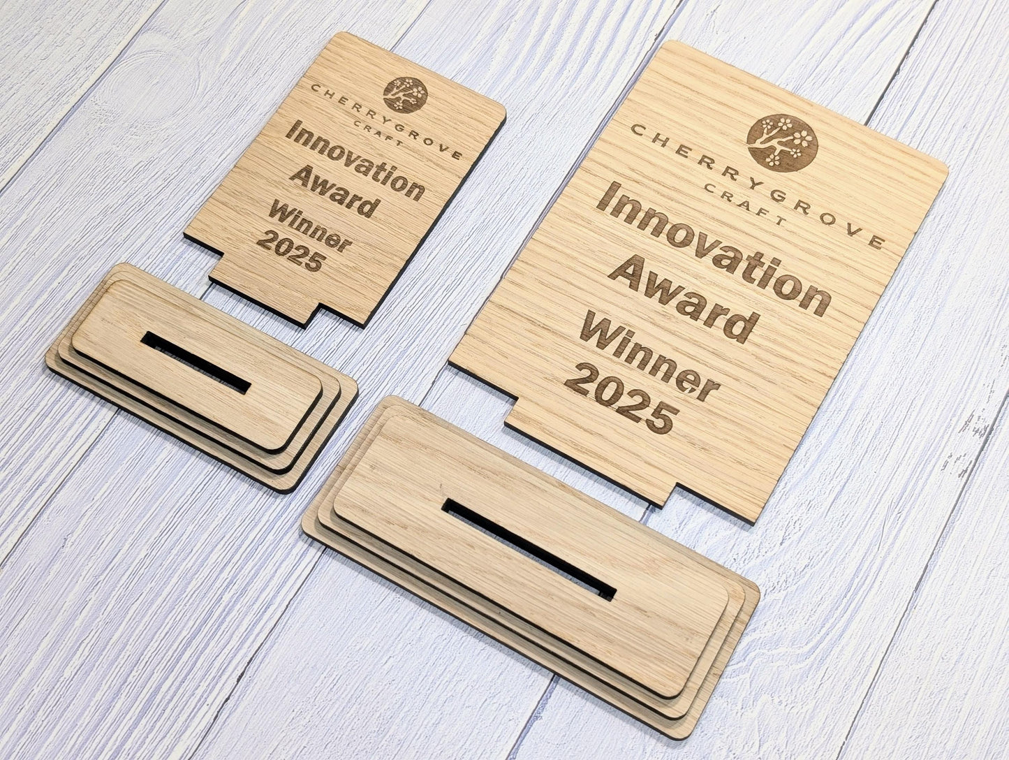 Freestanding Wooden Innovation Award Trophy – Custom Text and Logo – Oak Finish, Flat Pack – Business Awards, Eco Friendly Display, 2 Sizes