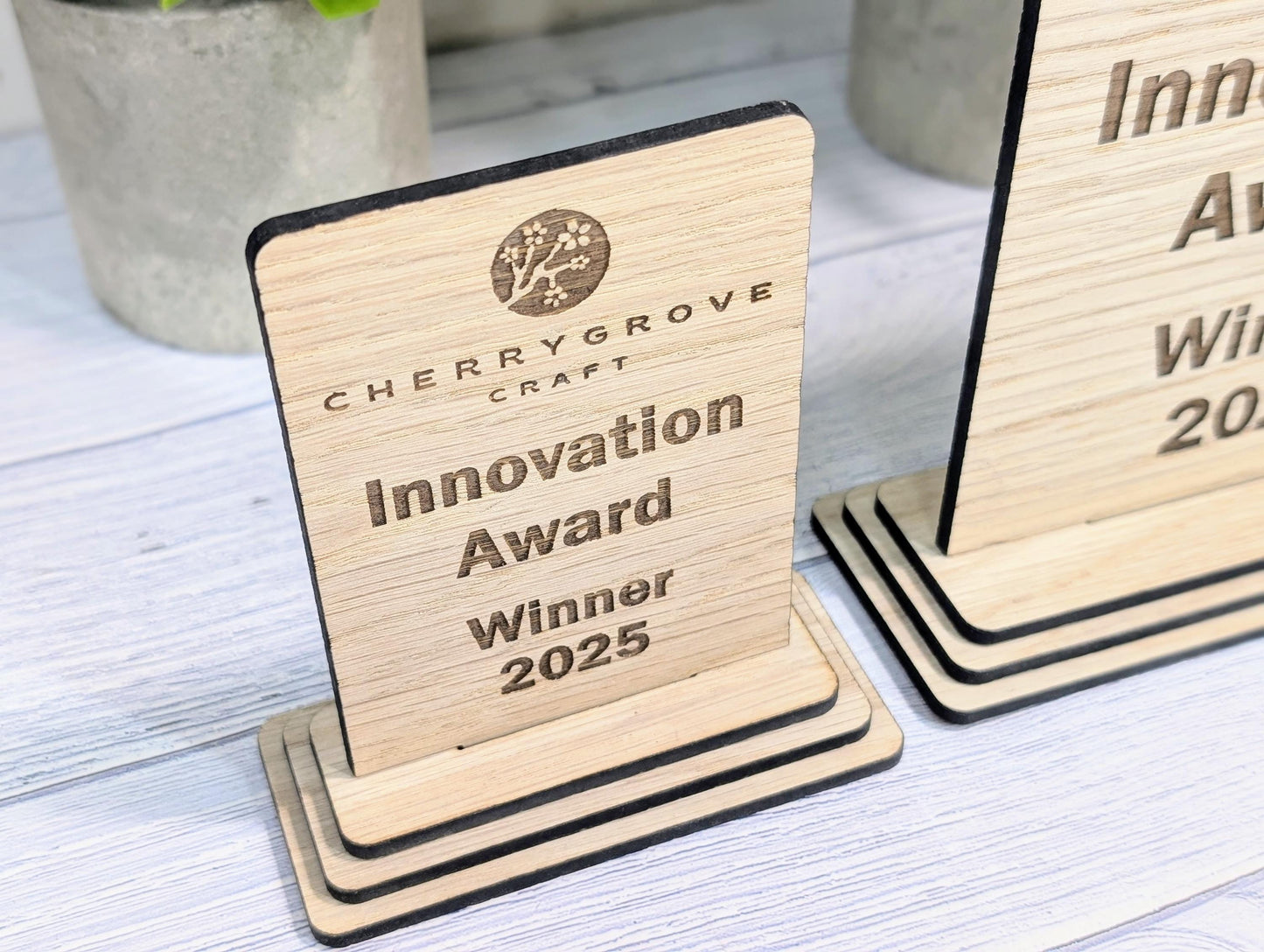 Freestanding Wooden Innovation Award Trophy – Custom Text and Logo – Oak Finish, Flat Pack – Business Awards, Eco Friendly Display, 2 Sizes
