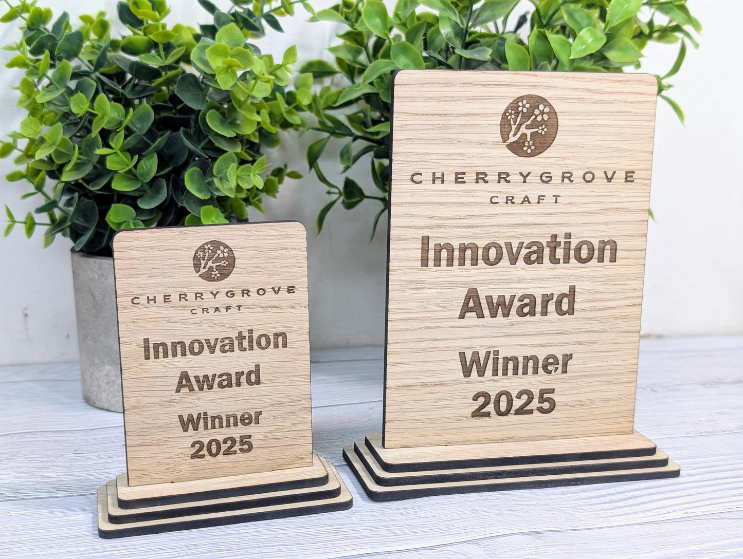 Freestanding Wooden Innovation Award Trophy – Custom Text and Logo – Oak Finish, Flat Pack – Business Awards, Eco Friendly Display, 2 Sizes