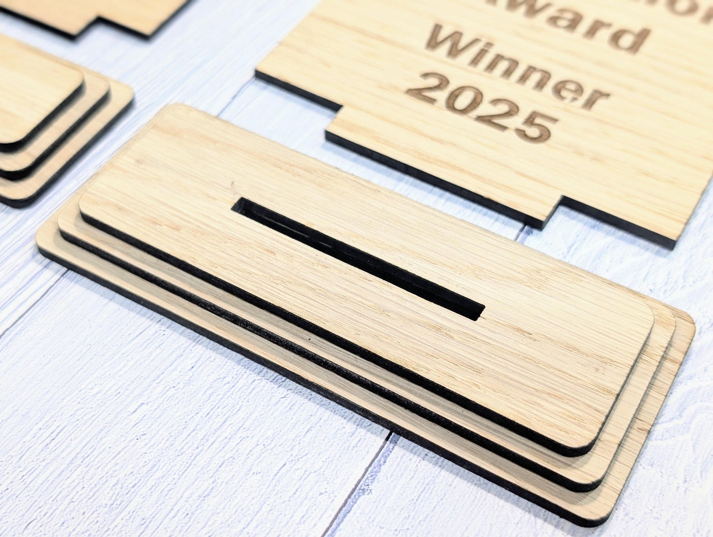 Freestanding Wooden Innovation Award Trophy – Custom Text and Logo – Oak Finish, Flat Pack – Business Awards, Eco Friendly Display, 2 Sizes