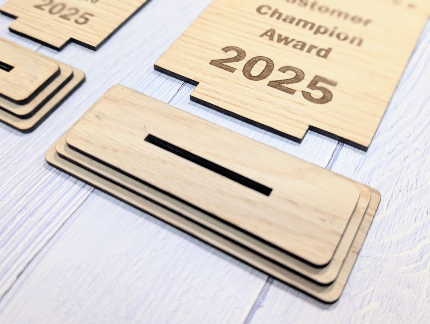 Freestanding Wooden Customer Champion Award – Custom Text and Logo – Oak Finish, Flat Pack Trophy – Eco Friendly Display, 2 Sizes