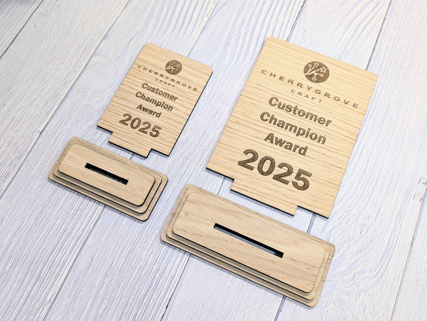Freestanding Wooden Customer Champion Award – Custom Text and Logo – Oak Finish, Flat Pack Trophy – Eco Friendly Display, 2 Sizes