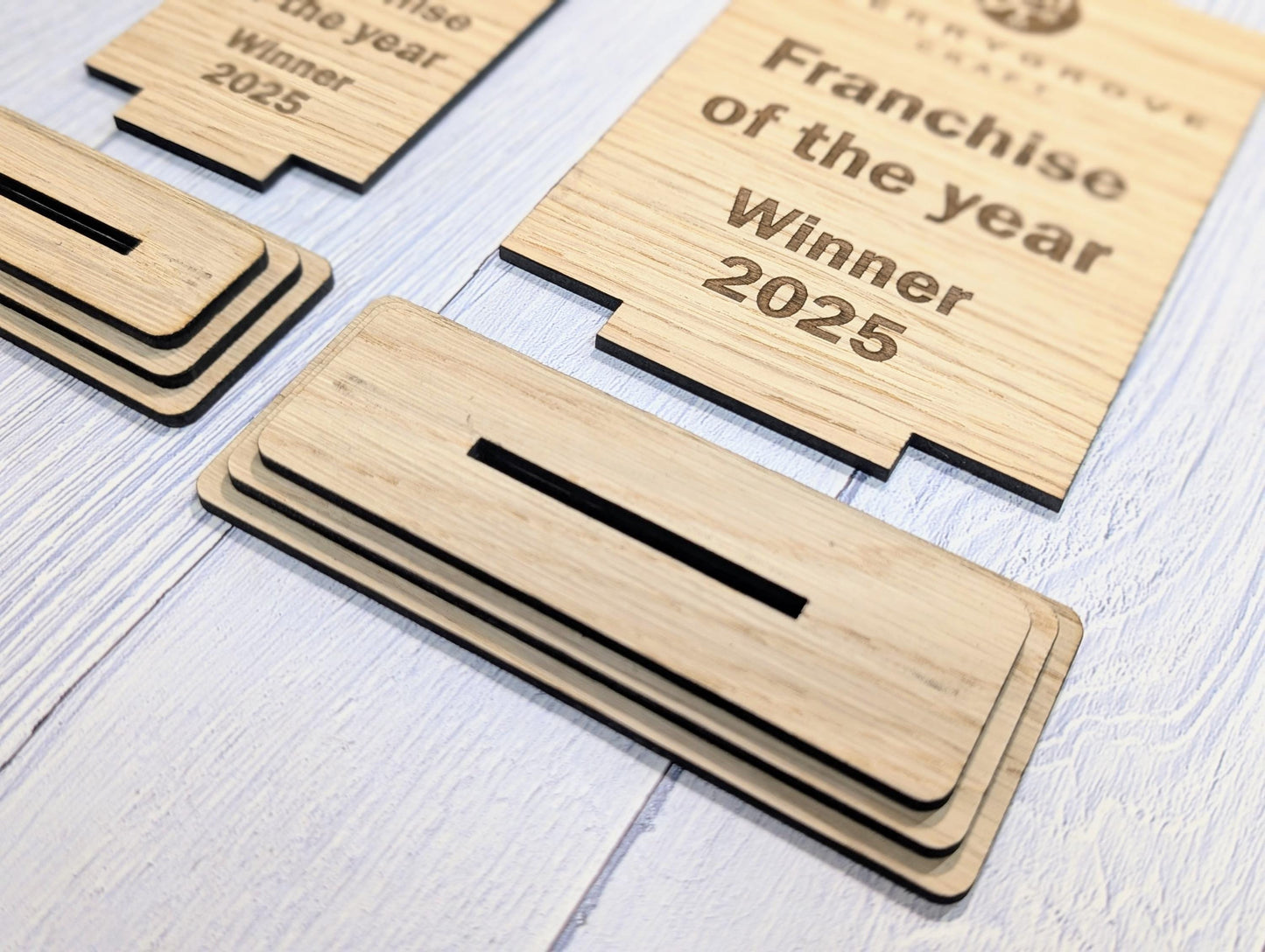 Freestanding Wooden Business Award Trophy – Custom Text & Logo – Franchise of the Year Example – Eco Friendly, Flat Pack, 2 Sizes
