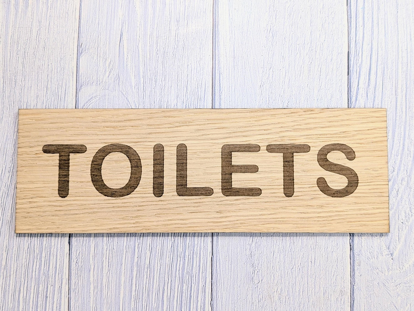 Toilets Sign – Personalised Wooden Toilet Door Sign | Custom Text Oak Veneer Wall Plaque | Private Shop Cafe Warehouse Office Signage