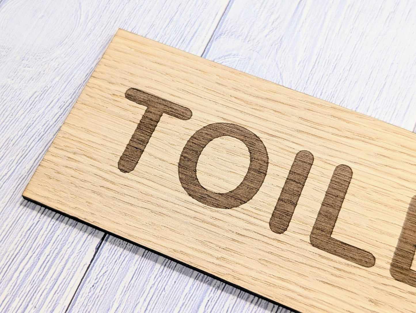 Toilets Sign – Personalised Wooden Toilet Door Sign | Custom Text Oak Veneer Wall Plaque | Private Shop Cafe Warehouse Office Signage