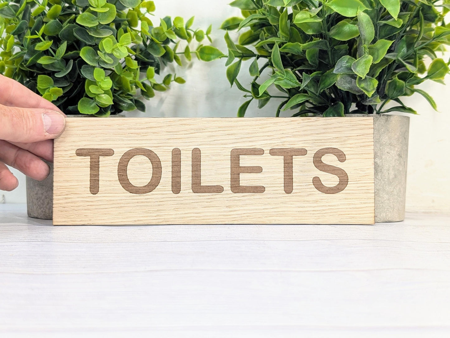 Toilets Sign – Personalised Wooden Toilet Door Sign | Custom Text Oak Veneer Wall Plaque | Private Shop Cafe Warehouse Office Signage