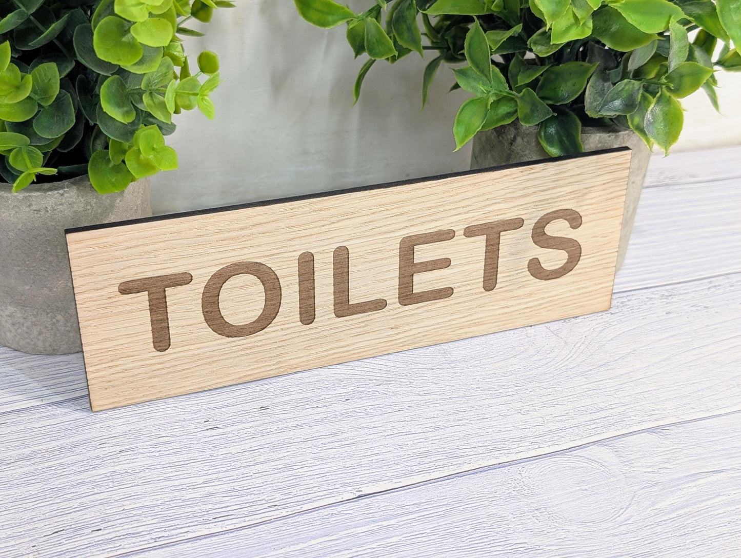 Toilets Sign – Personalised Wooden Toilet Door Sign | Custom Text Oak Veneer Wall Plaque | Private Shop Cafe Warehouse Office Signage