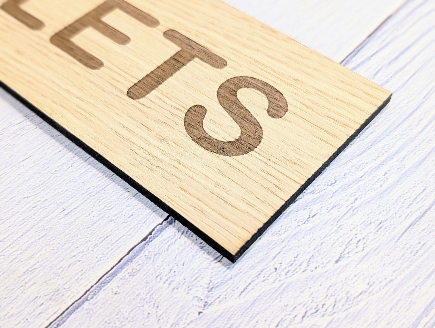 Toilets Sign – Personalised Wooden Toilet Door Sign | Custom Text Oak Veneer Wall Plaque | Private Shop Cafe Warehouse Office Signage