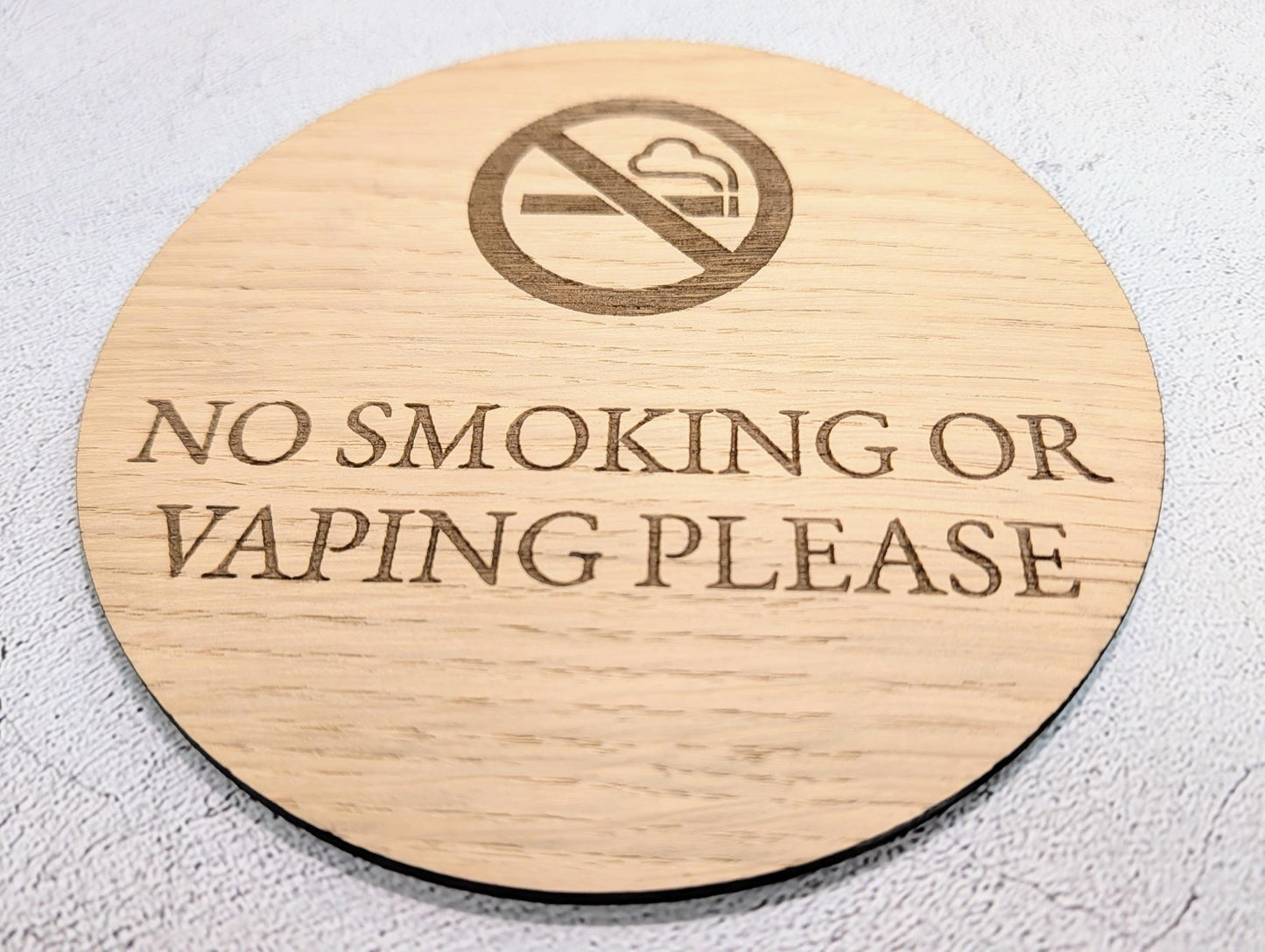 No Smoking or Vaping Sign – Circular Oak Veneered Door or Wall Sign for Business Use, Indoor Only, Plastic-Free Packaging