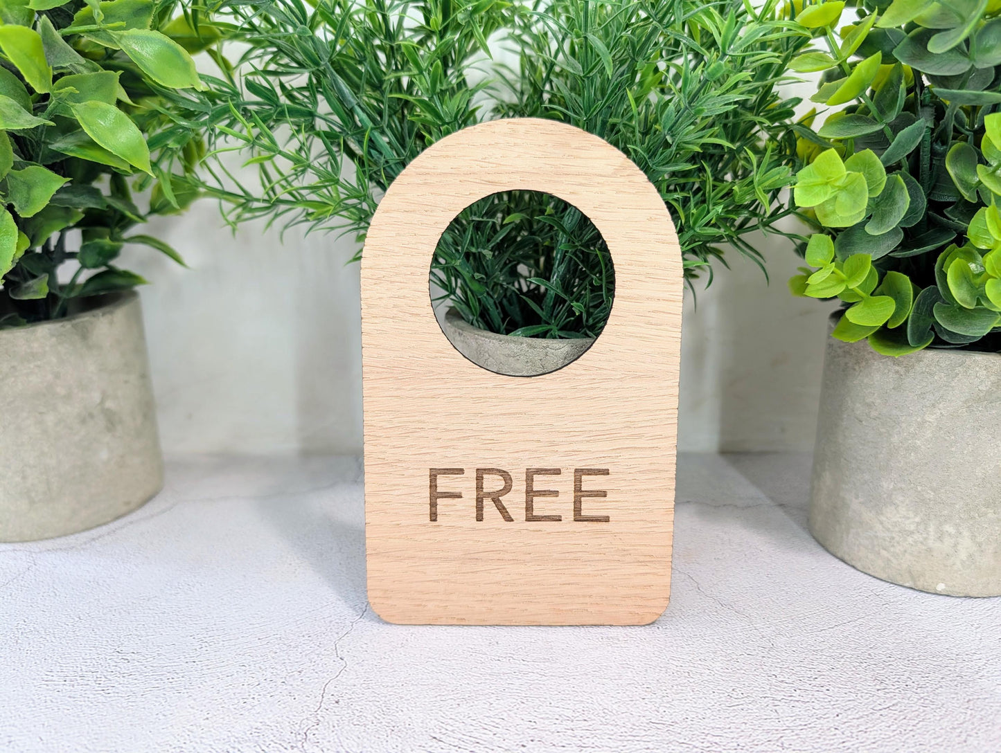 In Use / Free - Door Hanger – Double-Sided Oak Veneered Sign, Slip-Over Handle, Eco Friendly Wood, Made in Wales, Plastic-Free Packaging