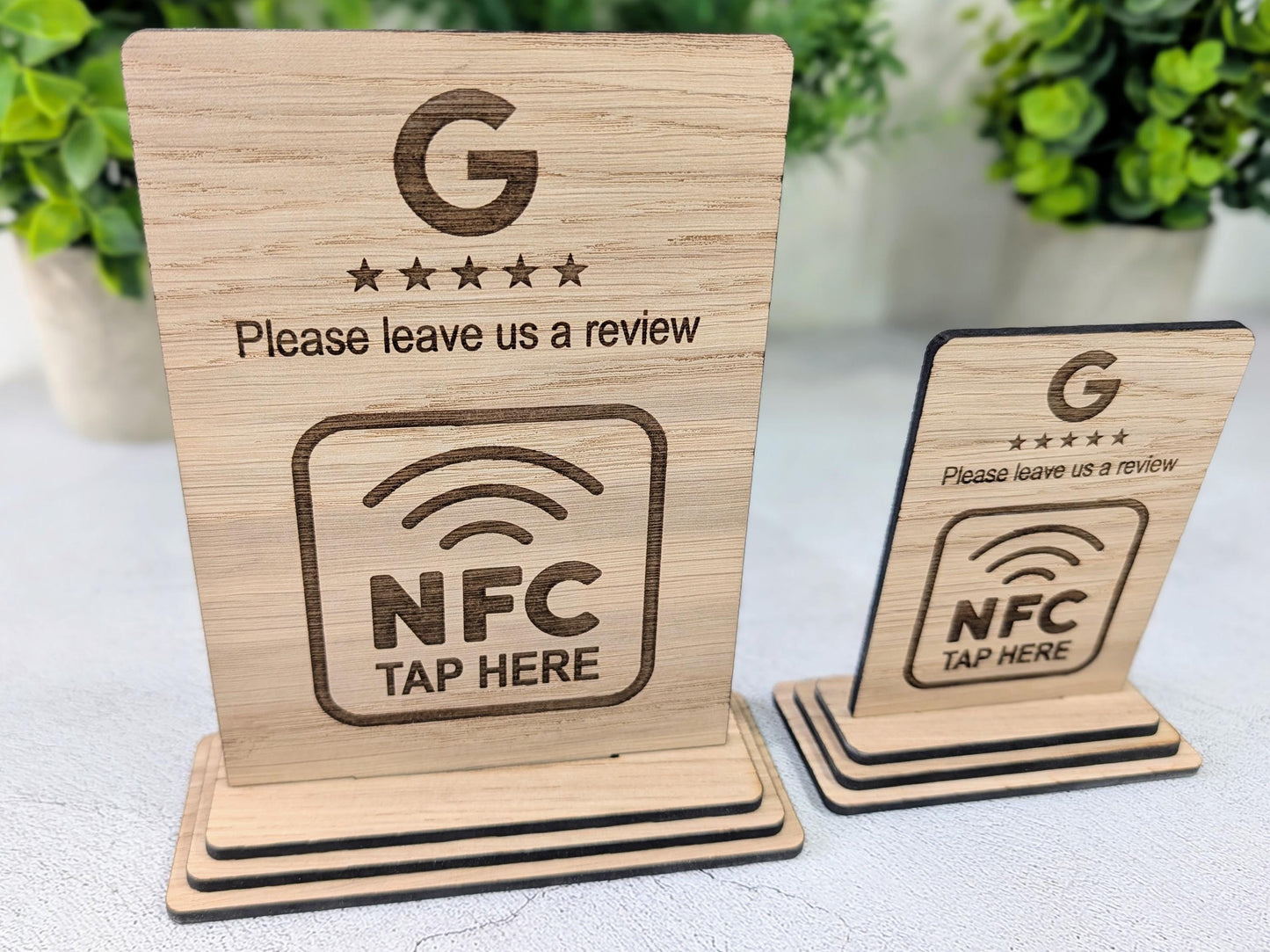 NFC Google Review Sign – Oak Veneered Business Review Display, Tap to Review Stand, Eco Friendly Wood, Plastic-Free, 2 Sizes
