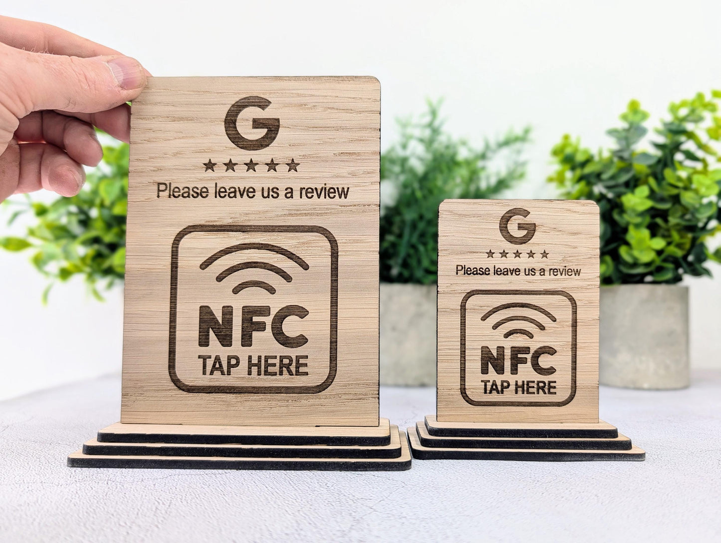 NFC Google Review Sign – Oak Veneered Business Review Display, Tap to Review Stand, Eco Friendly Wood, Plastic-Free, 2 Sizes