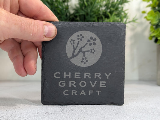 Custom Logo Slate Coaster – Branded Business Coaster, Engraved Drink Mat for Shops, Salons, Cafés, Pubs, Restaurants, Handmade in Wales