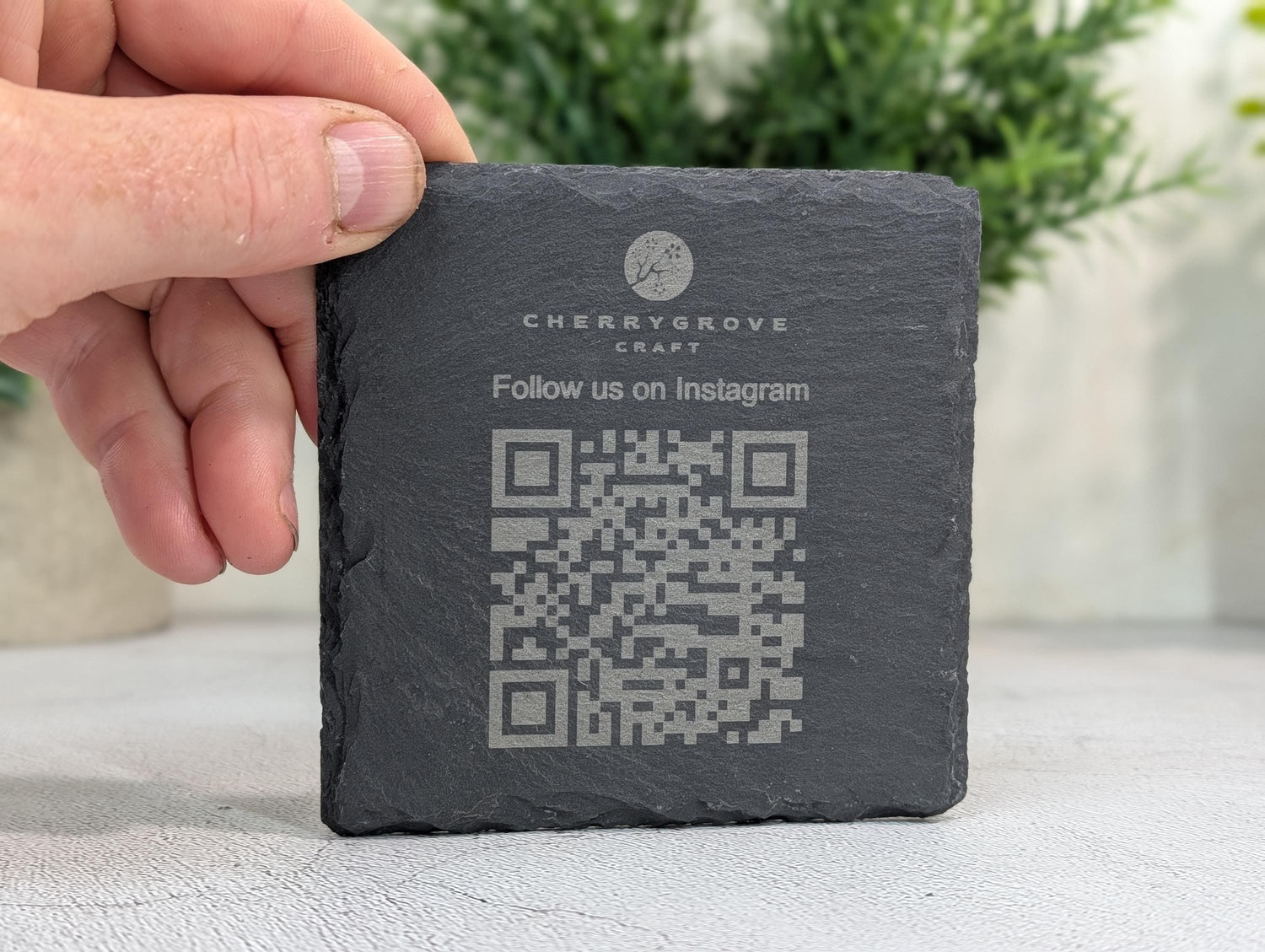 Social media QR code slate coaster — laser engraved with logo and Follow Us QR code