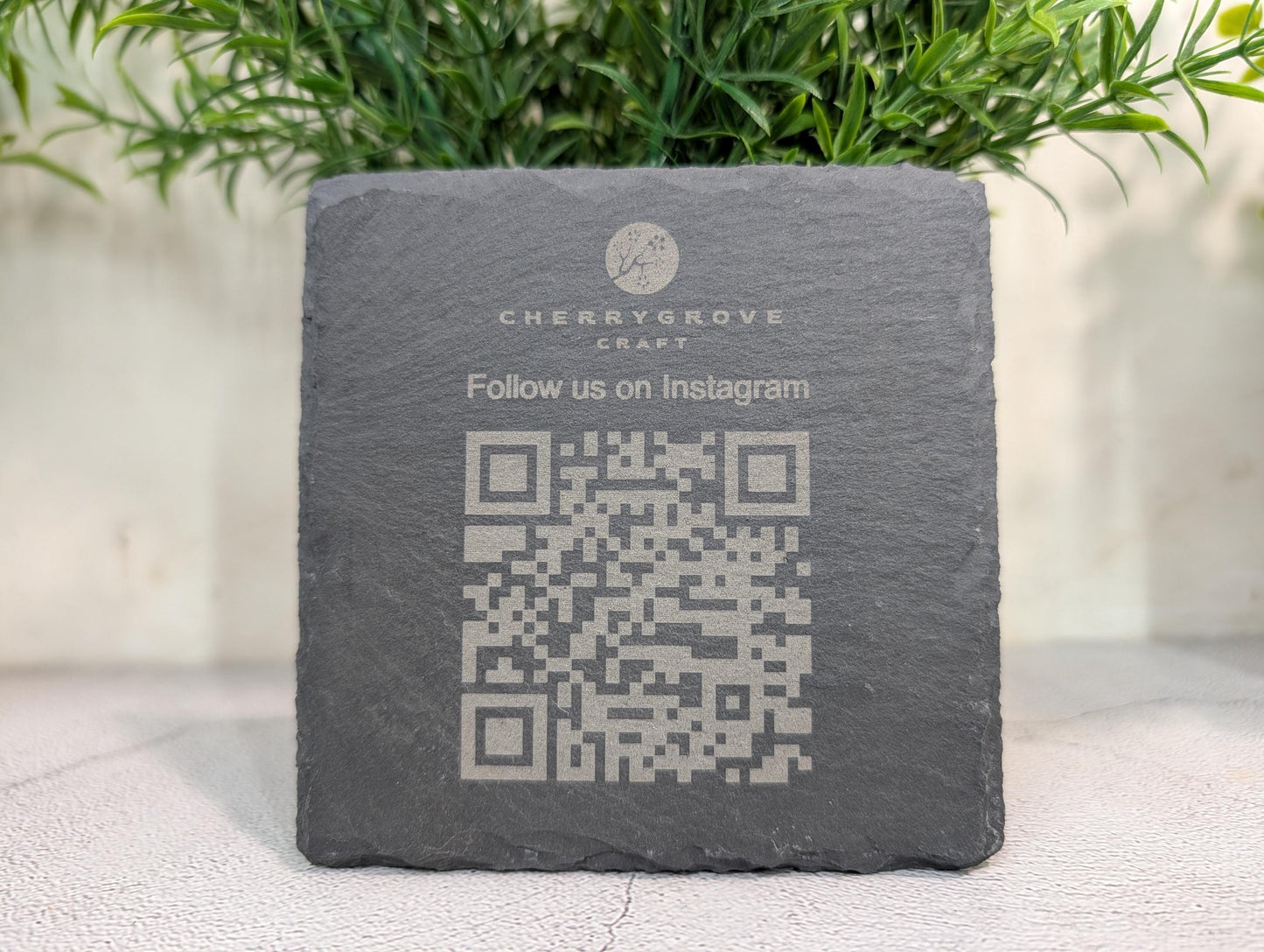 Social Media Slate Coaster – Engraved QR Code Business Promo, Follow Us Coaster, Handmade in Wales, Plastic-Free Packaging