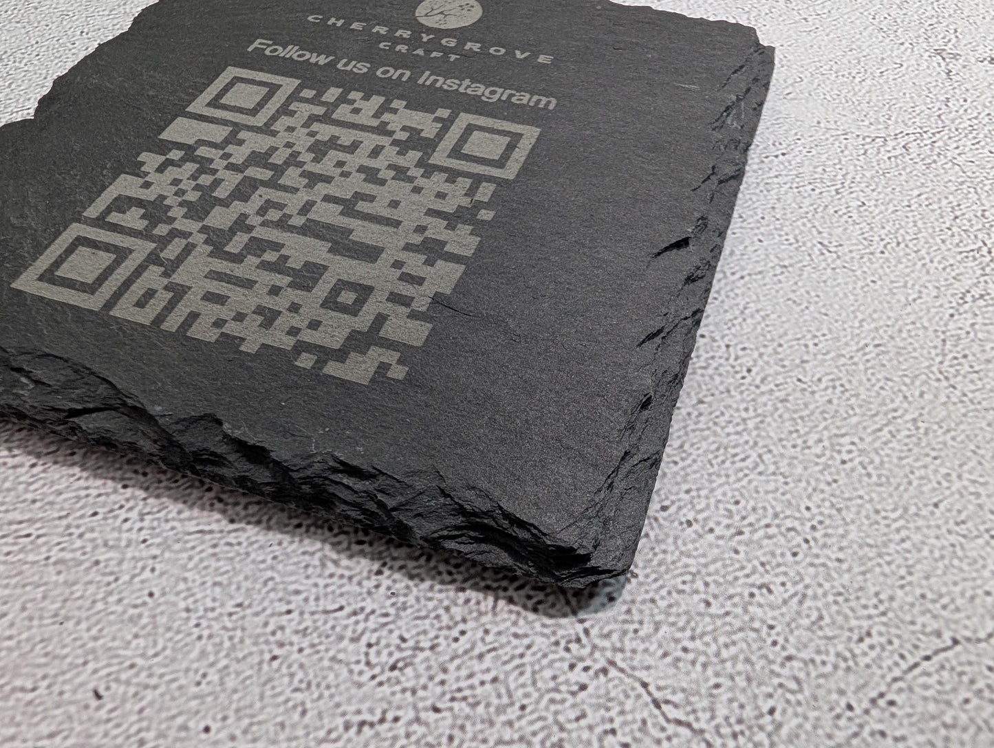 Social Media Slate Coaster – Engraved QR Code Business Promo, Follow Us Coaster, Handmade in Wales, Plastic-Free Packaging