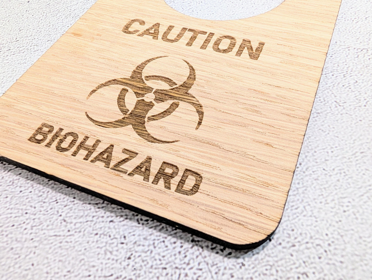 Caution Biohazard Door Hanger – Oak Veneered Sign with Symbol, Indoor Use Only, Plastic-Free Packaging,  Handmade from Wood