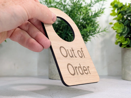 Out of Order Door Hanger – Oak Veneered Wooden Sign for Toilets, Rooms or Equipment, Indoor Use, Handmade from Wood