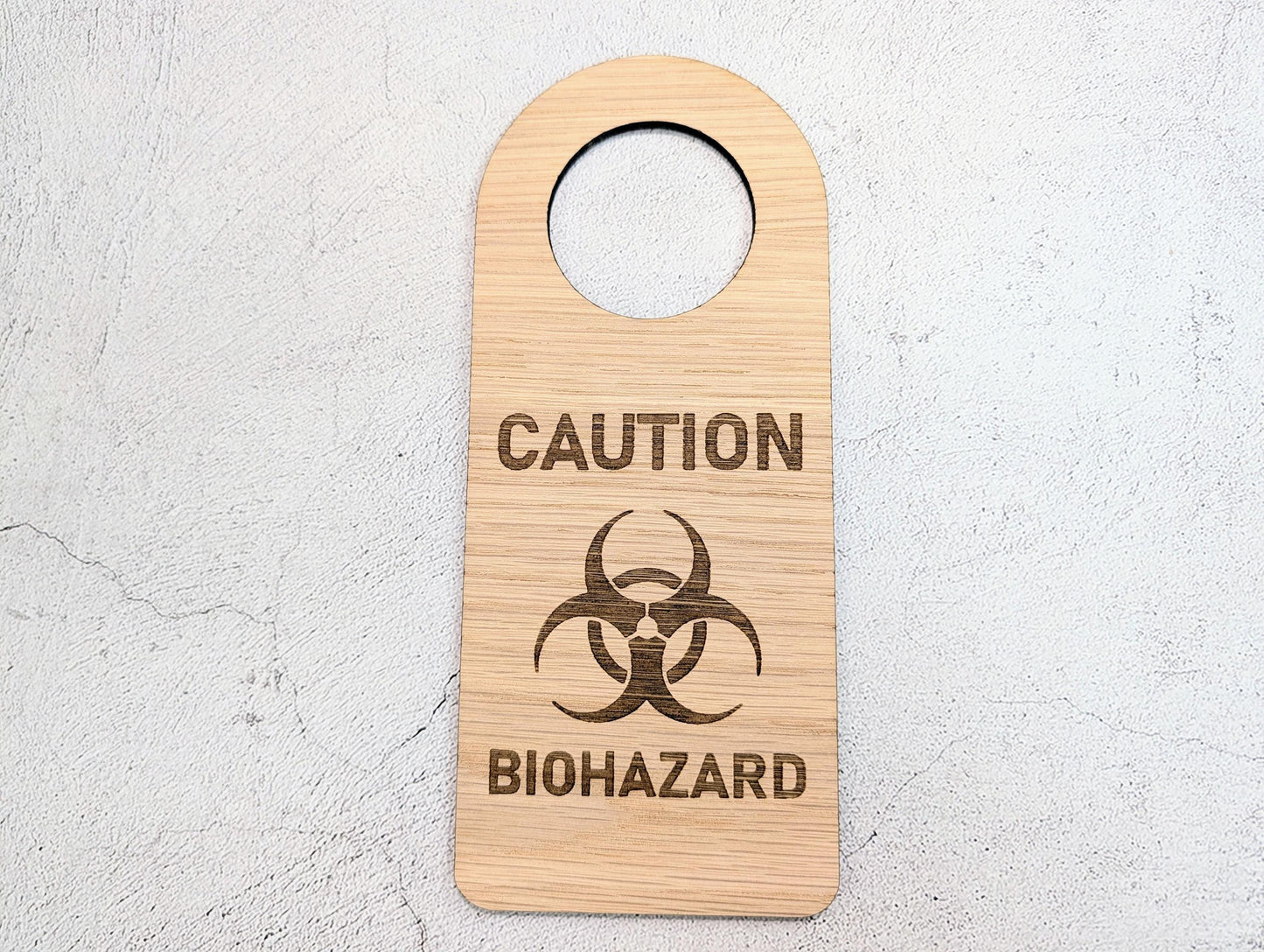 Caution Biohazard Door Hanger – Large Oak Veneered Safety Sign with Symbol, Hospital Lab Clinic Use, Handmade in Wales