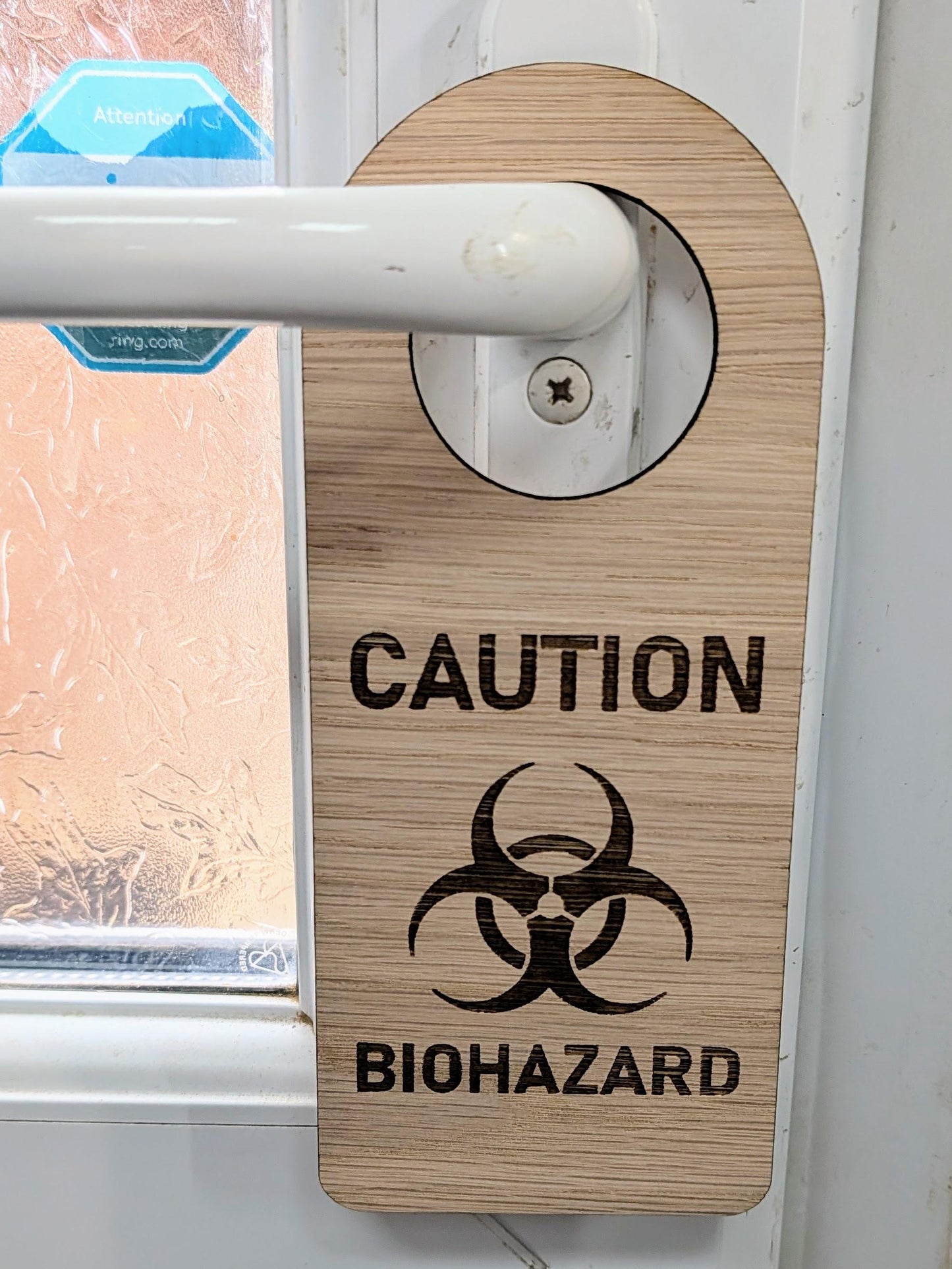 Caution Biohazard Door Hanger – Large Oak Veneered Safety Sign with Symbol, Hospital Lab Clinic Use, Handmade in Wales